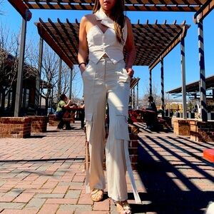 Cream Satin Cargo Trousers - Luxe Utility Pants